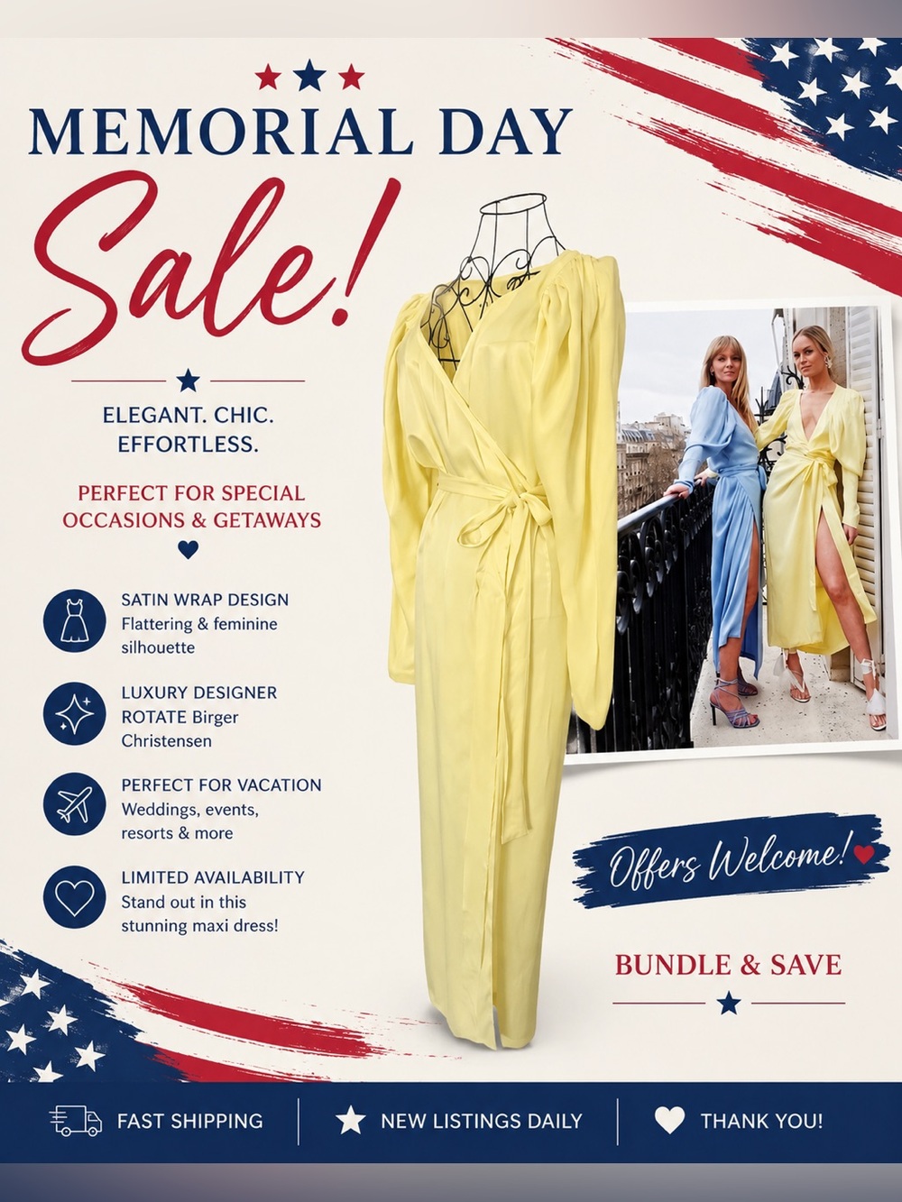 ROTATE Birger Christensen Yellow Satin Wrap Maxi Dress US 4 S Puff Sleeve